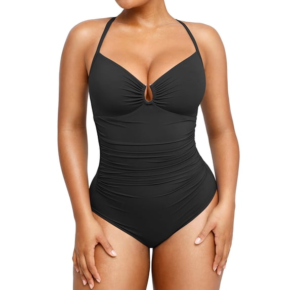 Womens Swimsuits Tummy Control Bathing Suit Slimming One Piece U-Ring Shapewear Swimwear with Ruched Waist Black XL