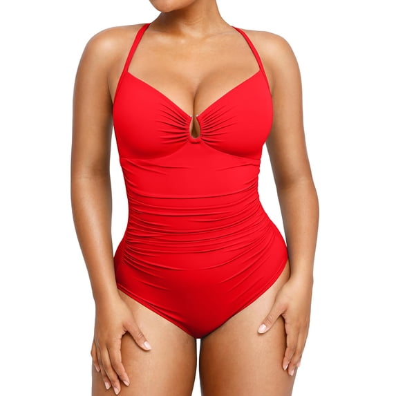 Womens Swimsuits Tummy Control Bathing Suit Slimming One Piece U-Ring Shapewear Swimwear with Ruched Waist (Red, M)