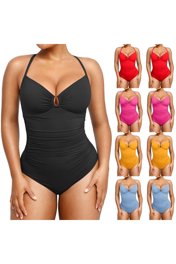 Womens Swimsuits Tummy Control Bathing Suit Slimming One Piece U-Ring Shapewear Swimwear with Ruched Waist Red M