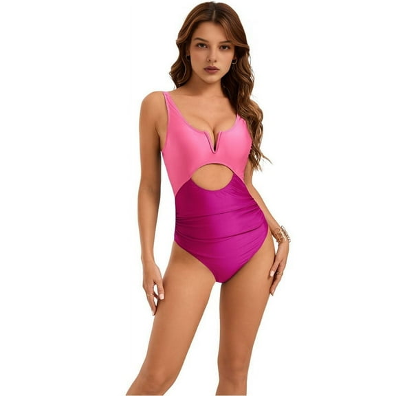 Womens Swimsuits Tummy Control Bathing Suit for Women Push Up Swimwear V Neck High Cut Monokini Pink   Rose Red S