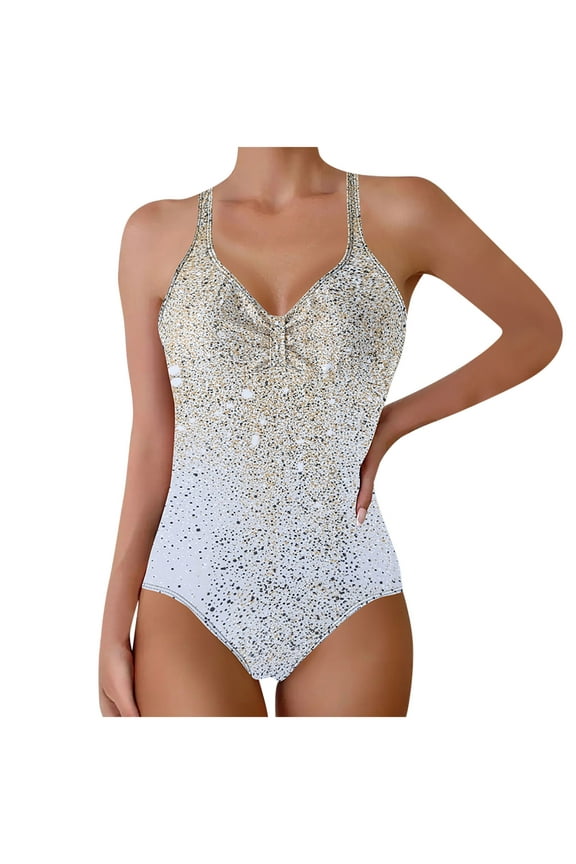 Womens Swimsuits Tummy Control Printed V-Neck High Waist Conservative Bikini Monokini One Piece Swimsuit Bathing Suit for Women