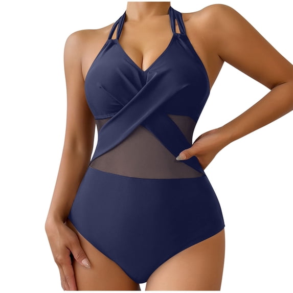 Womens Swimsuits Tummy Control V Neck Mesh Swimsuit Fashion Bikini Bathing Suit Navy,XL