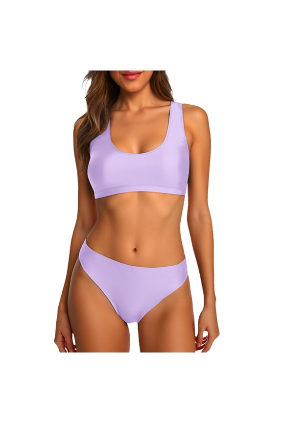 Womens Swimsuits Two Piece Bikini Crop Neck with High Waisted High Cut Bottoms Purple Women's Swimwear S