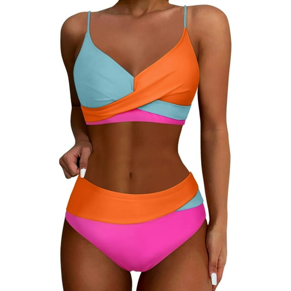 Womens Swimsuits Two Piece Separate Bikini Set Color Block Beachwear Orange Women Bathing Suits M