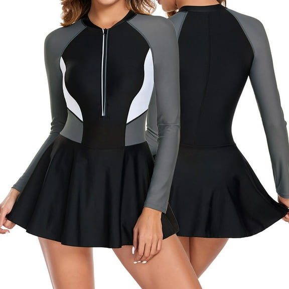 Womens Swimsuits Upf50 Sun Protection Color Block Zip Front Long Sleeve Skirted Surf Suit Full Sun Coverage Fit Women Bathing Suit