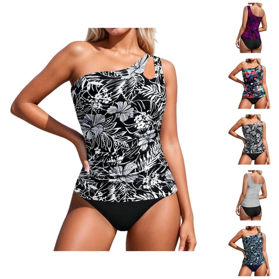 Womens Swimsuits Vest Style Two Piece Tankini One Shoulder Tight Fit Bathing Suit Athletic Performance Swimwear for Swimming