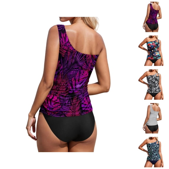Womens Swimsuits Vest Style Two Piece Tankini One Shoulder Tight Fit Bathing Suit Athletic Performance Swimwear for Swimming
