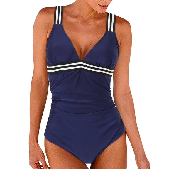 Womens Swimsuits Webbing V Neck Waist Defining One Piece Swimsuit,Dark Blue,M
