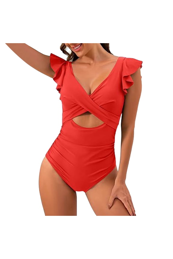 Womens Swimsuits Women's One PC Swimsuit Ruffle Cutout Bathing Suits V Neck Wrap Swimwear Cover Up Pants For Swimwear Women Trajes De Baño Para Mujer Elegantes Bathing Suits For Women With Shorts