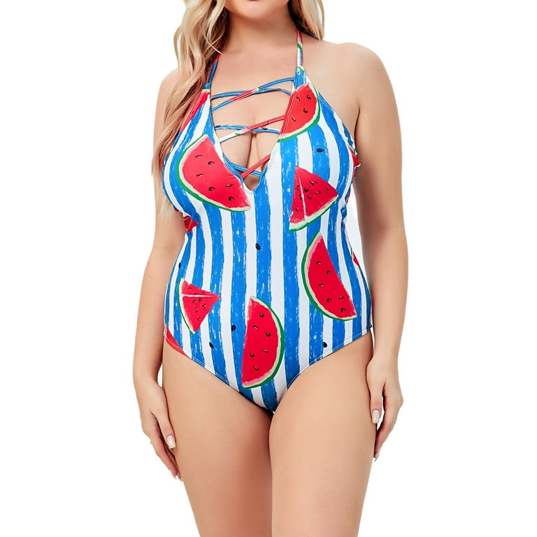 Womens Swimsuits Womens Plus Size Swimsuit Summer Cool Watermelon Print Swimwear Sexy Hollow Backless One piece Swimsuit High Cut Bathing Suit CF