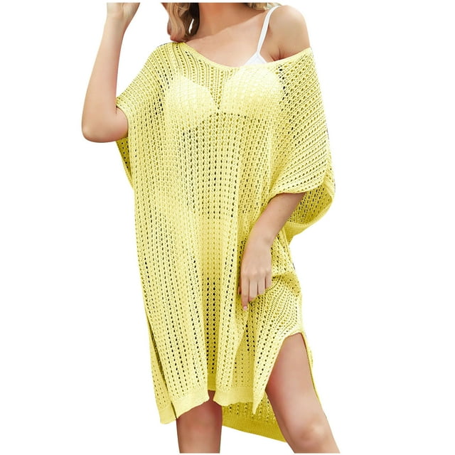 Womens Swimwear Cover Ups 2024 Summer Crochet Hollow Out Knit Bathing Suit Coverup Loose Batwing ...
