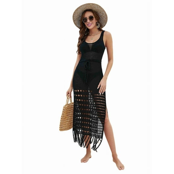 Womens Swimwear Cover Ups Crochet Hollow Out Long Bathing Suit Bikini Sleeveless Side Split Beach Dress Black S
