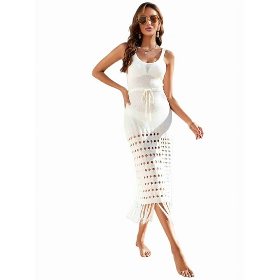 Womens Swimwear Cover Ups Crochet Hollow Out Long Bathing Suit Bikini Sleeveless Side Split Beach Dress Creamy White L