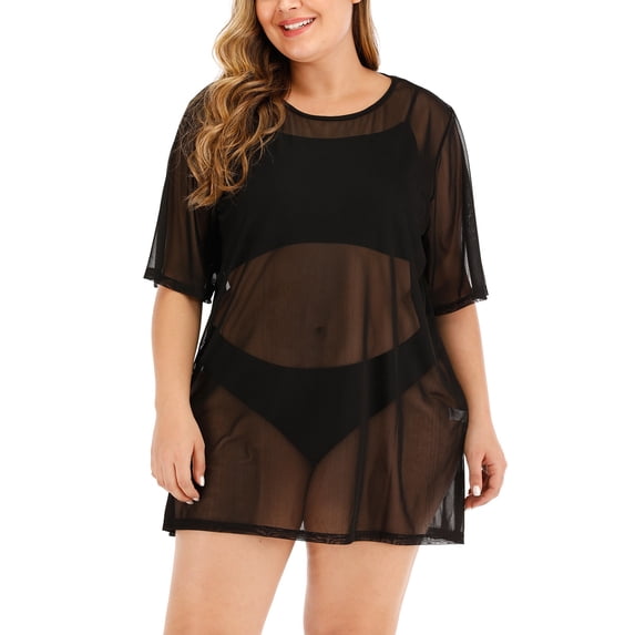 Womens Swimwear Round Neck See Through Short Sleeve Beach Vacation Essentials,Black,2XL