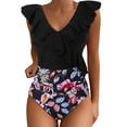 thumbnail image 1 of Womens Swimwear Women's Floral Swimsuits Cute Bathing Suit Ruffle V Neck Black L, 1 of 6
