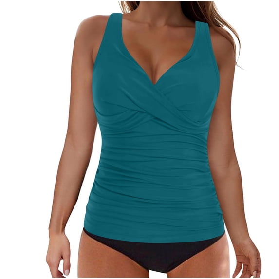 Womens Swimwear,Women's Tankini Bathing Suits Front Twist V Neck Swim Tops Tummy Control Two Piece Bathing Suits Swimwear,Blue,S