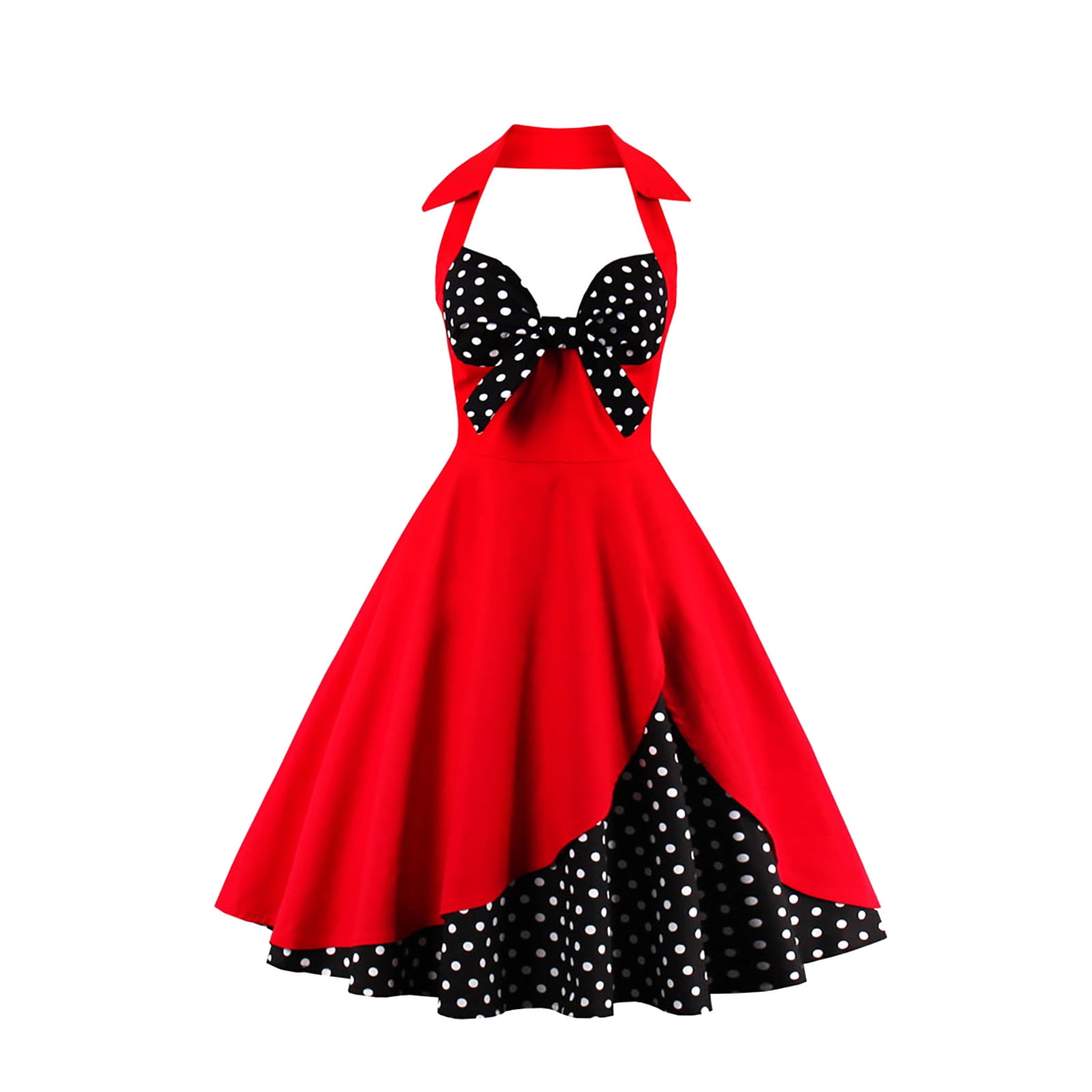 Womens Swing Dress 50s Vintage Rockabilly Cocktail Party Dresses Halter  Sleeveless Bow Floral Double layer Midi Dress