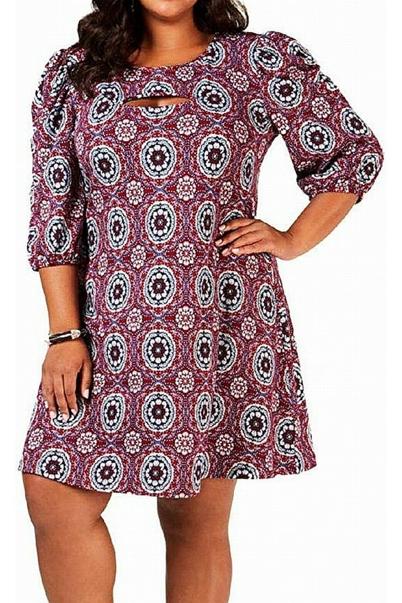 Plus Size Printed Puff-Sleeve Dress Wine Mistleflow 3X