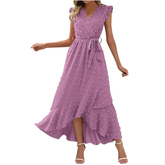 Womens Swiss Dot Boho V-Neck Maxi Dress Cap Sleeve Irregular Ruffle Hem Flowy Beach Party Long Cocktail Dresses With Belt