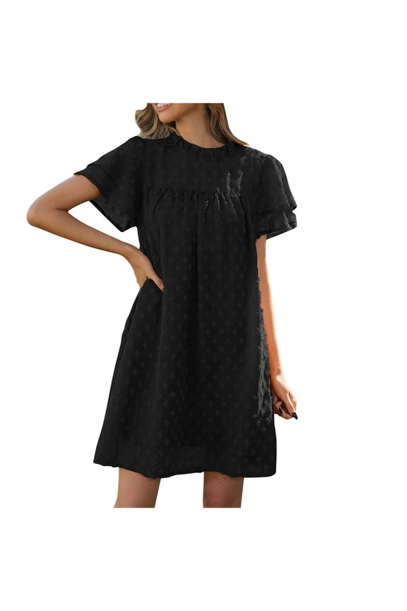 Womens Swiss Dot Chiffon Dress - Summer Elegant Mini Party Ruffle Short Sleeve Dress Casual Short Loose Boho Dresses