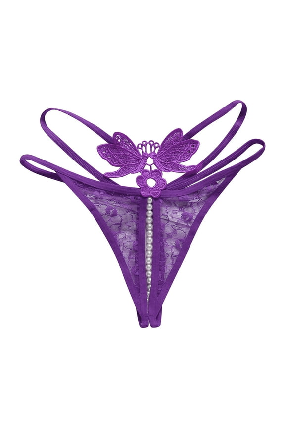 Womens T Pants Panties Embroidery Lace Sexy Transparent Low Waist Hot Massage Pearl Open Crotch Thong