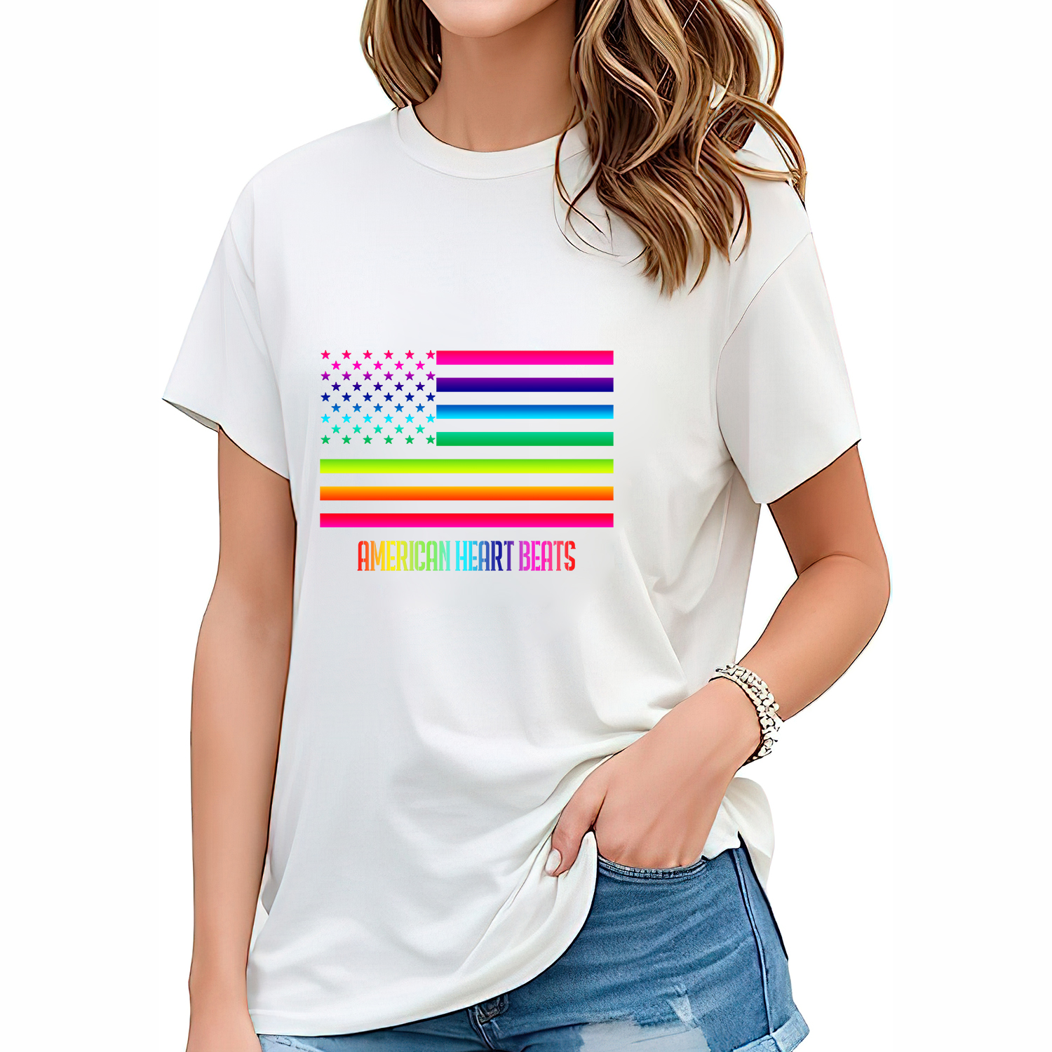 Womens T Shirt AMERICAN HEART BEATS Rainbow America Flag Lover Women's
