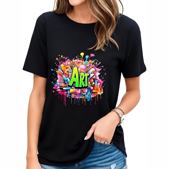 Womens T Shirt Art Colorful Graffiti Lover Cool Women's Graphic Tee for Parties and Gifts - Short Sleeve Casual Vintage Style Black