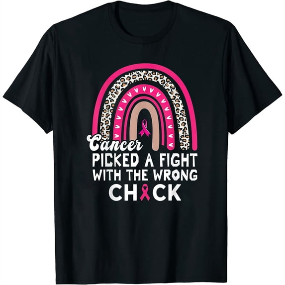 Womens T Shirt Cancer Picked A Fight with The Wrong Chick Breast Cancer Shirts Black 2XL