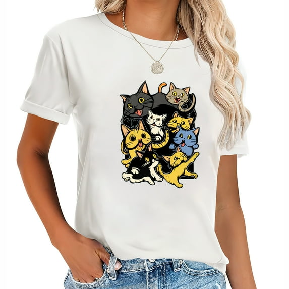 Womens T Shirt Cartoon Cats Playing Celebrate Any Occasion with Women's Casual Graphic Tee Perfect Gift for Christmas Halloween Thanksgiving and Birthdays White