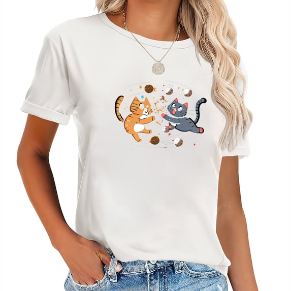 Womens T Shirt Cartoon Cats Playing Vintage Graphic Tee for Women Perfect Party and Birthday Gift White