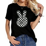 Womens T Shirt Checkered Peace Hand Sign Checkerboard Car Racing Shirts Black 2X-Large