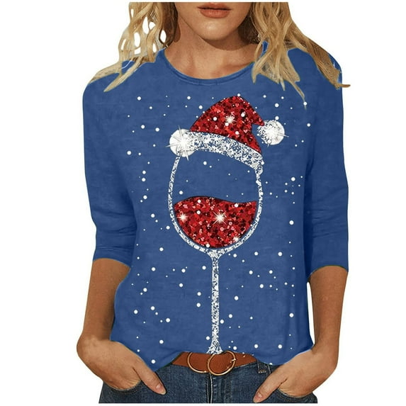 Womens T Shirt Christmas Shirts for Women 3/4 Length Sleeve Tops Funny Christmas Graphic Cute Crew Neck Holiday T Shirts Tshirt Women XL Blue