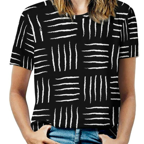 Womens T-Shirt Classic Check Print O Neck T-Shirts Short Sleeve Black And White Funny Pattern Tops Clothing Big Size 6X