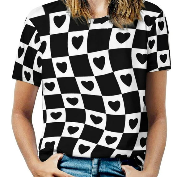 Womens T-Shirt Classic Check Print O Neck T-Shirts Short Sleeve Black And White Funny Pattern Tops Clothing Big Size 6X