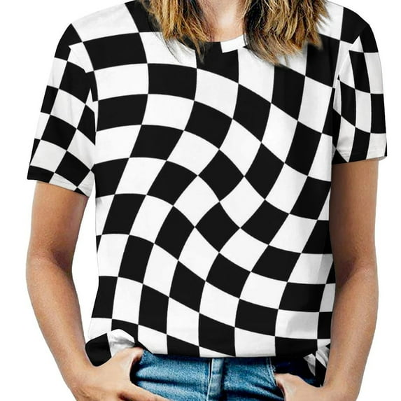 Womens T-Shirt Classic Check Print O Neck T-Shirts Short Sleeve Black And White Funny Pattern Tops Clothing Big Size 6X
