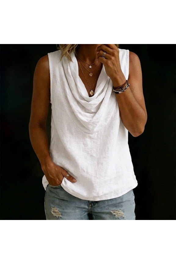 Womens T Shirt Cowl Neck Sleeveless Pleated Blouse Top with Loose Fit And Solid Print for Casual Wear Graphic Tees Women White M