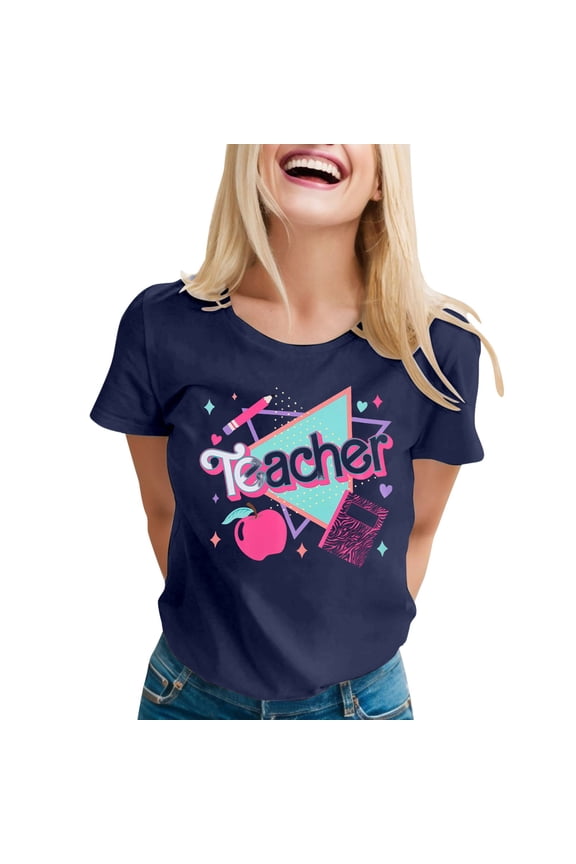 Womens T Shirt Crew Neck Printed Soft Knit Basic Fashion Staple Beach Vacation Essentials,Navy,2XL