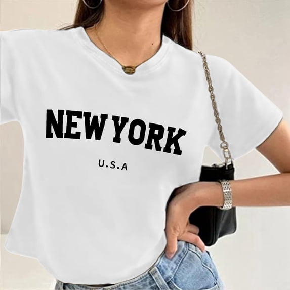 Womens T Shirt Crop Top Short Sleeve Printed Summer Women Tops White L