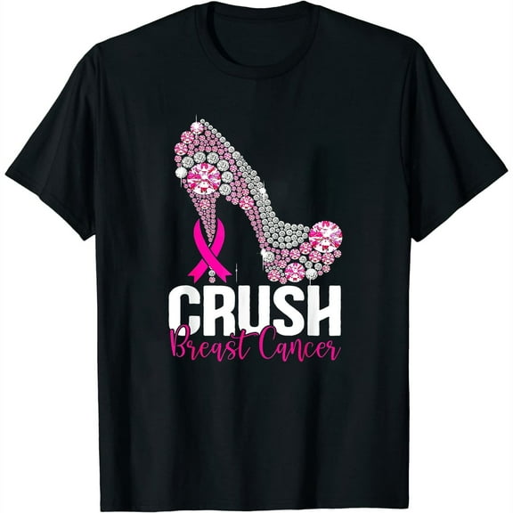 Womens T Shirt Crush Breast Cancer Awareness Bling Pink Ribbon Shirts Black