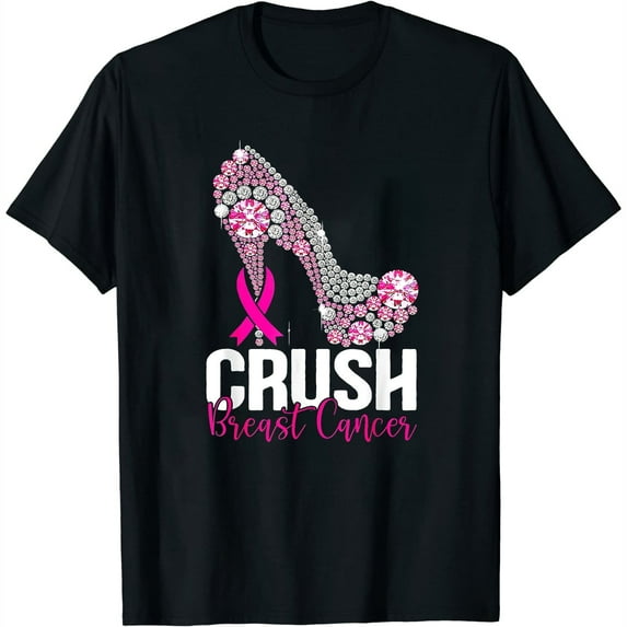 Womens T Shirt Crush Breast Cancer Awareness Bling Pink Ribbon Shirts Black