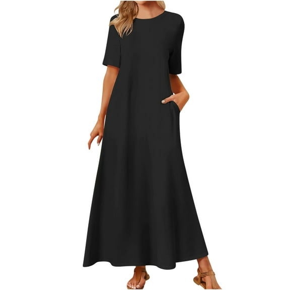 Womens T Shirt Dress Short Sleeve Crewneck Maxi Dress Loose Fit Waist Swing A Line Dress Flowy Casual Dresses with Pockets Cyber Deal Monday Specials