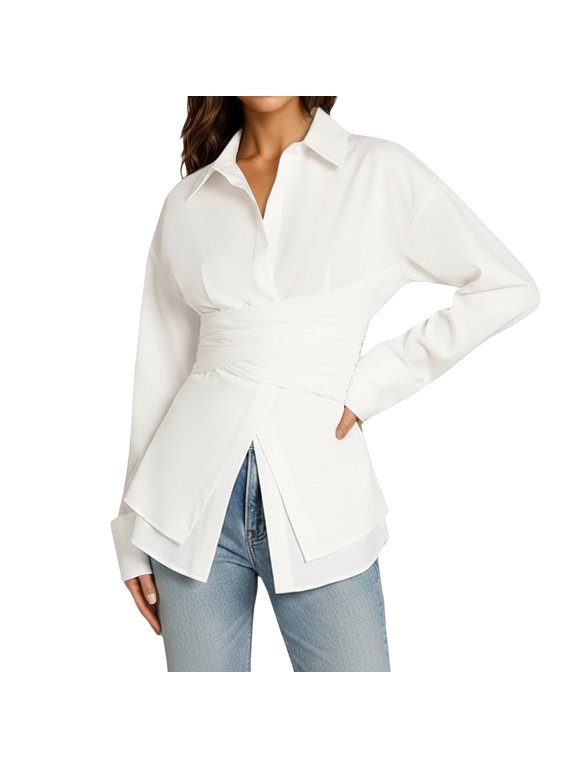 Womens T Shirt Elegan Waist Defining Pleats Long Sleeves Crop Tank Tops for Women,White,L