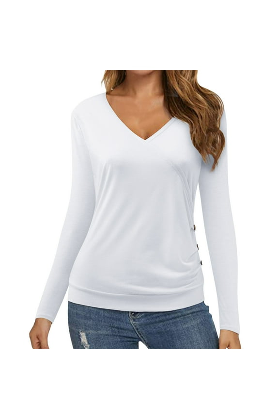 Womens T Shirt Fashion Solid Loose V-Neck Button Elegant Loose Long Sleeve Rugby Shirt for Womens,White,S