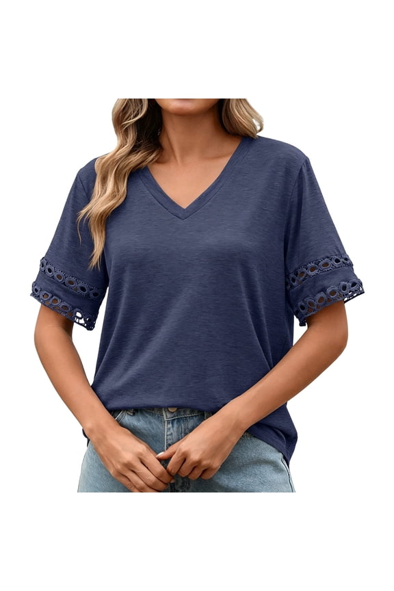 Womens T Shirt Floral Lace Trim Short Sleeve Loose Fit Solid Color Womens Athletic Tops,Navy,XL,Navy,XL