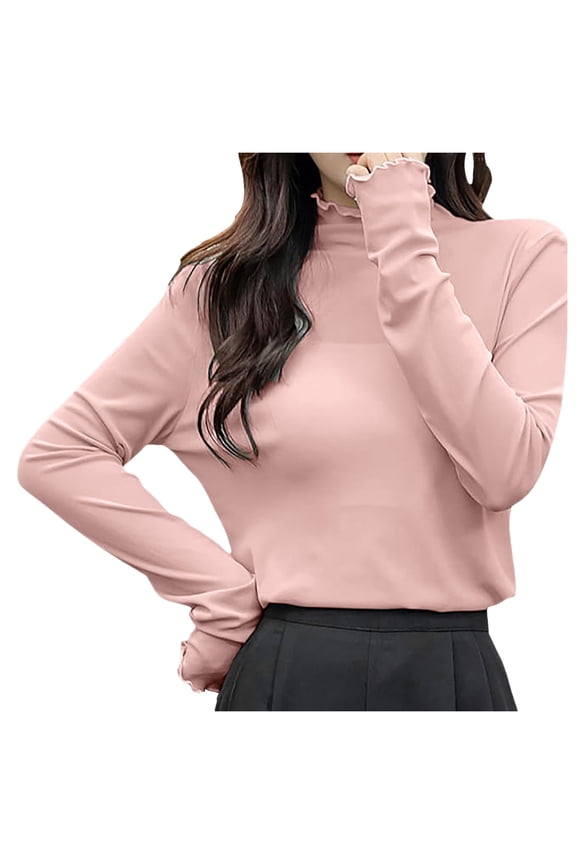Womens T Shirt Half Height Pile Neck Thin See Through Mesh Long Sleeve Petite Clothing for Women,Pink,One Size