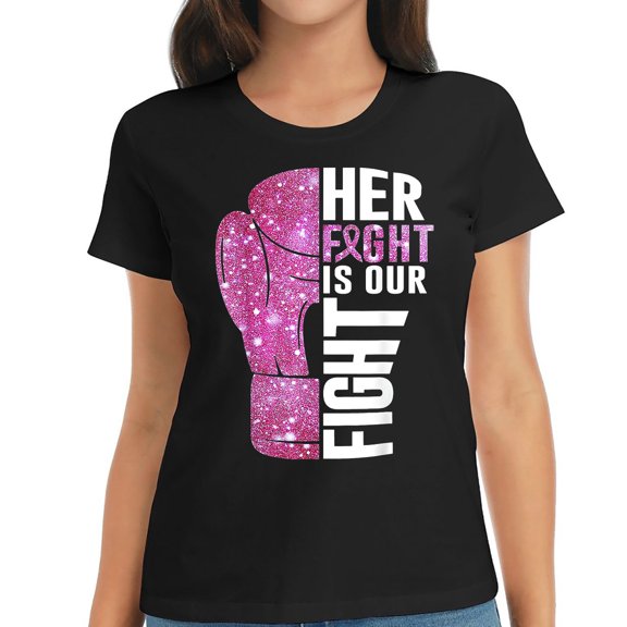 Womens T Shirt Her Fight Is Our Fight Boxing Glove Breast Cancer Awareness Shirts Black 2XL
