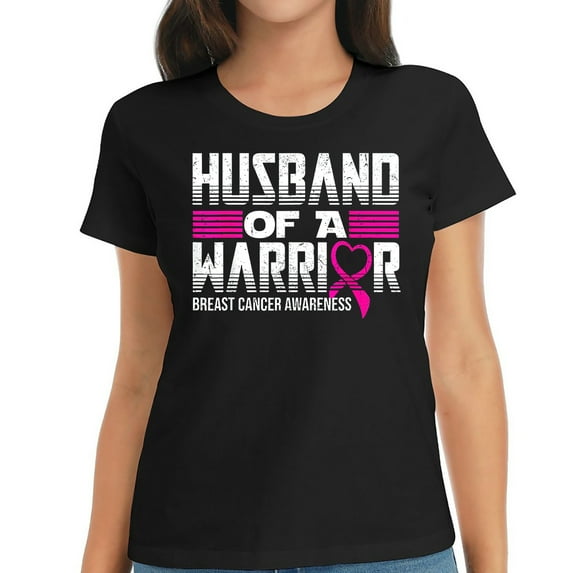 Womens T Shirt Husband Of A Warrior Breast Cancer Awareness Support Squad Shirts Black 2XL