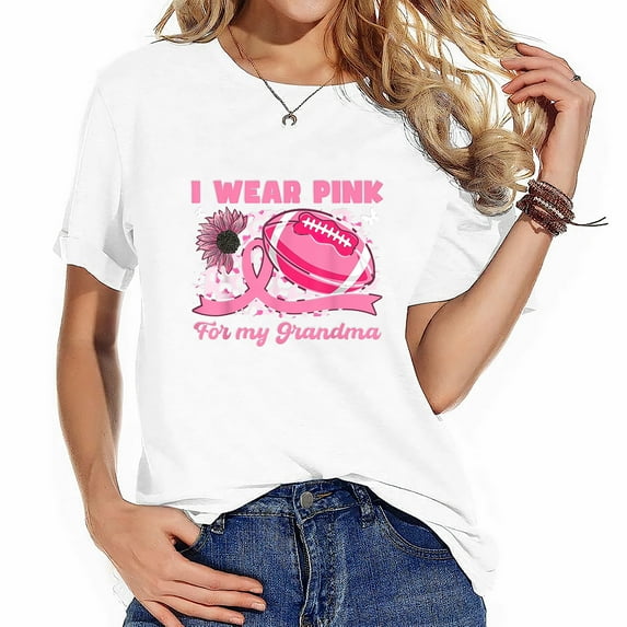 Womens T Shirt I Wear Pink For My Grandma Breast Cancer Awareness Football Shirts Black 2X-Large