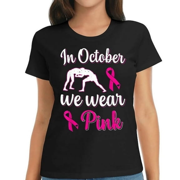 Womens T Shirt In October We Wear Pink Breast Cancer Awareness Wrestling Shirts Black