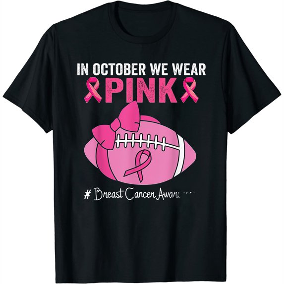 Womens T Shirt In October We Wear Pink Football Breast Cancer Awareness Shirts Black 2XL
